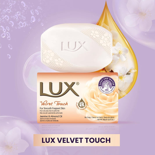 LUX Velvet Touch Soap Bar, Jasmine &amp; Almond Oil, For Smooth Fragrant Skin, 80g (12 Pack)