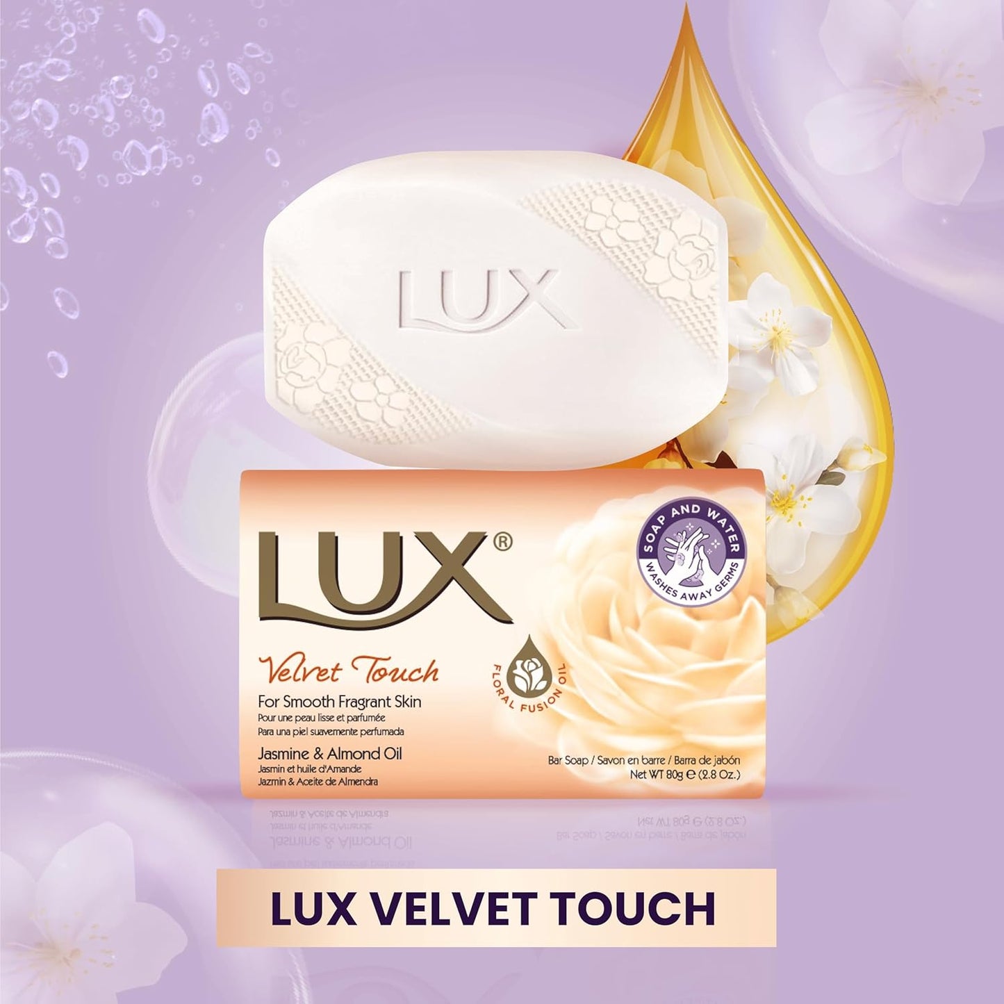 LUX Velvet Touch Soap Bar, Jasmine &amp; Almond Oil, For Smooth Fragrant Skin, 80g (12 Pack)