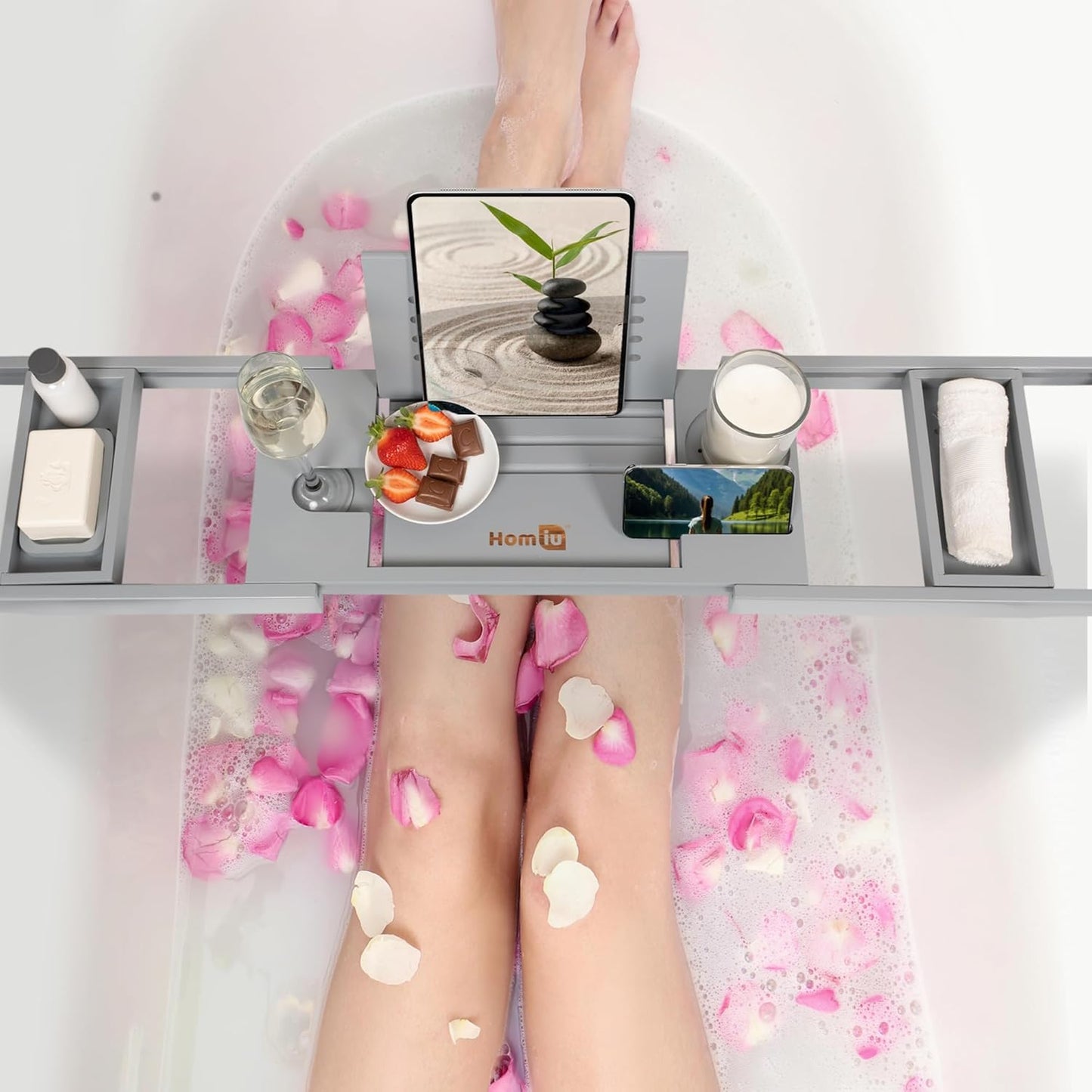 Homiu Bamboo Bath Tray - Extendable Bath Caddy - Natural Wooden Bathtub Tray with Candle, Wine Glass, Book Rest, iPad &amp; Phone Holder Stand - Luxury Bathtub Accessories - Bath Accessories (Grey)