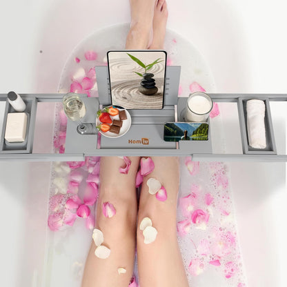 Homiu Bamboo Bath Tray - Extendable Bath Caddy - Natural Wooden Bathtub Tray with Candle, Wine Glass, Book Rest, iPad &amp; Phone Holder Stand - Luxury Bathtub Accessories - Bath Accessories (Grey)