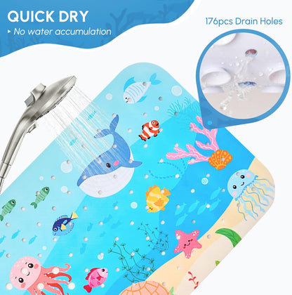 WELTRXE Baby Bath Mat Non Slip Anti Mould, 100x40cm Extra Long Bathtub Mat for Kids, Large Shower Mat for inside bath, Soft Tub Mat with Strong Suction Cups, Cartoon Bathroom Mat, Whale