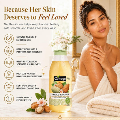 Cottage Almond Shower Oil - 560ml | 97% Natural Ingredients &amp; Glycerin | Paraben-Free, Dermatologically Tested | Extra-Nourishing &amp; Moisturising Cleansing Oil Body Wash for Dry &amp; Sensitive Skin