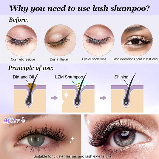 LZM Lash Shampoo for Lash Extensions 60Ml/2.1 FL.OZ Eyelash Shampoo with Lash Brush Lash Cleanser Paraben &amp; Oil Free Eyelash Cleanser for Eyelash Extensions for Salon and Home Use
