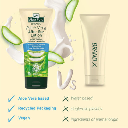 Aloe Pura, Organic Aloe Vera Aftersun Lotion, Natural, Vegan, Cruelty Free, Paraben &amp; SLS Free, Soothing, 200ml