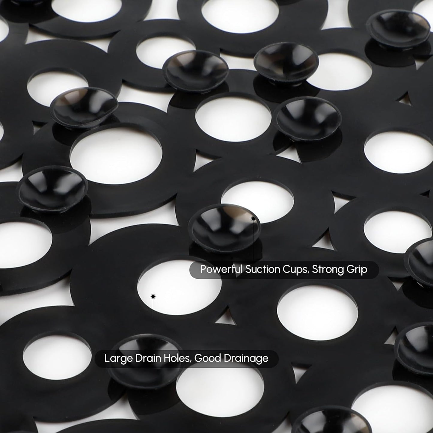 WELTRXE Bath Mat Non Slip Anti Mould, 69x35cm Oval Black PVC Bathtub Mat, Ring Pattern Shower Mat for Inside Bath, Non Slip Bath Tub Mat with Suction Cups, Quick Drain, Machine Washable