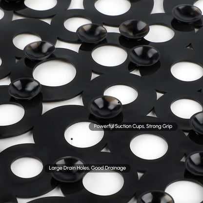 WELTRXE Bath Mat Non Slip Anti Mould, 69x35cm Oval Black PVC Bathtub Mat, Ring Pattern Shower Mat for Inside Bath, Non Slip Bath Tub Mat with Suction Cups, Quick Drain, Machine Washable