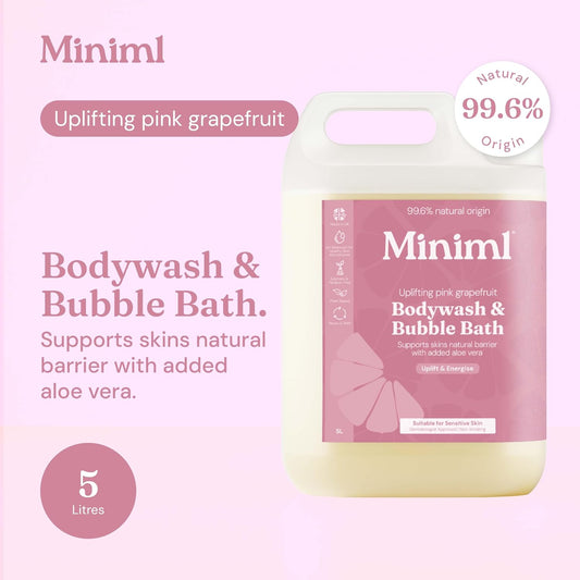 Miniml All Natural Body Wash and Bubble Bath - 5L Refill Moisturising Pink Grapefruit and Aloe Vera Sensitive Skin Eco Shower Gel Bath Soak - Vegan Friendly Hand, Face &amp; Body High Foam Scrub