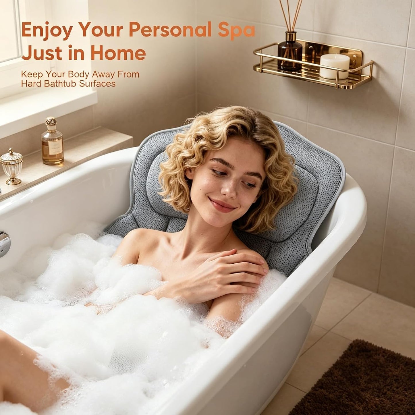 Bath Pillow with Extra Lumbar Cushion – 144 Suction Cups (12x More Hold!) 4D Soft Bath Pillows for Head and Neck, Large 133 x 41 cm Bath Cushion for Bathtub, Includes Wash Bag