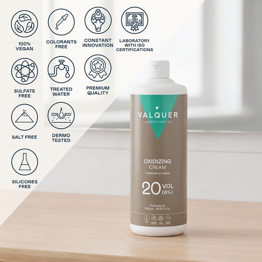 VALQUER Stabilized Hydrogen Peroxide Cream 20 Vol. | 1 L | Professional Cream Developer for Permanent Hair Colour &amp; Bleaching | 6% Stabilized Formula | Vegan