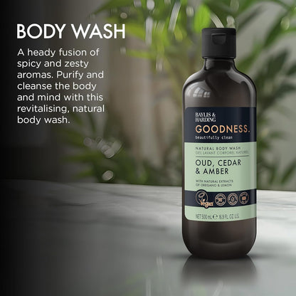 Baylis &amp; Harding Goodness Oud, Cedar and Amber Body Wash, 500 ml (Pack of 3) - Vegan Friendly