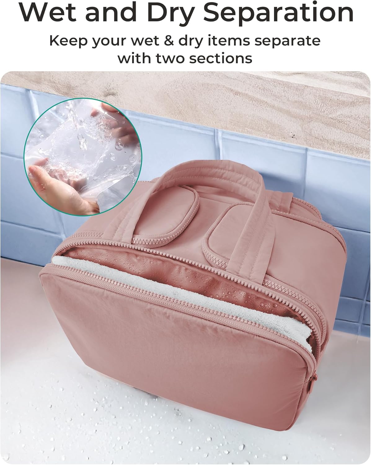 BAGSMART Large Toiletry Bag Travel Makeup Bag, 2 Full Open Upright Compartments, Cosmetic Wash Bag with Wet &amp; Brushes Pocket, Essentials Accessories for Women, Dark Pink