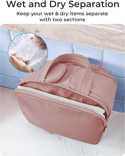 BAGSMART Large Toiletry Bag Travel Makeup Bag, 2 Full Open Upright Compartments, Cosmetic Wash Bag with Wet &amp; Brushes Pocket, Essentials Accessories for Women, Dark Pink