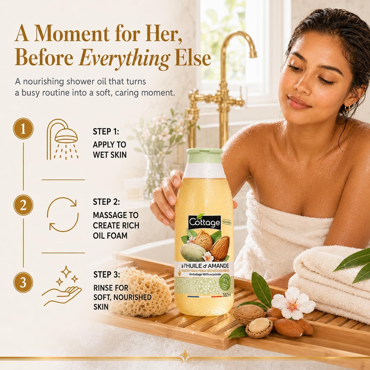 Cottage Almond Shower Oil - 560ml | 97% Natural Ingredients &amp; Glycerin | Paraben-Free, Dermatologically Tested | Extra-Nourishing &amp; Moisturising Cleansing Oil Body Wash for Dry &amp; Sensitive Skin