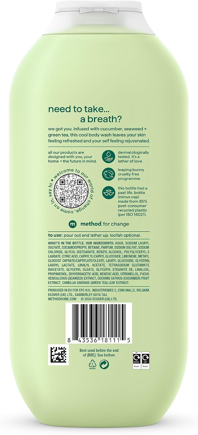 Method Body Wash, Daily Zen, Shower Gel, Vibrant Cucumber, Seaweed and Green Tea Scent, Pack of 1, 532ml