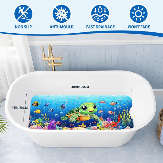 XIYUNTE Baby Bath Mats Non Slip Anti Mould, Cartoon Kids Bath Mat Non Slip, 100x40cm Extra Large Baby Shower Mat Non Slip Bath Mat with Suction Cups &amp; Drain Holes, Machine Washable, Sea Turtle