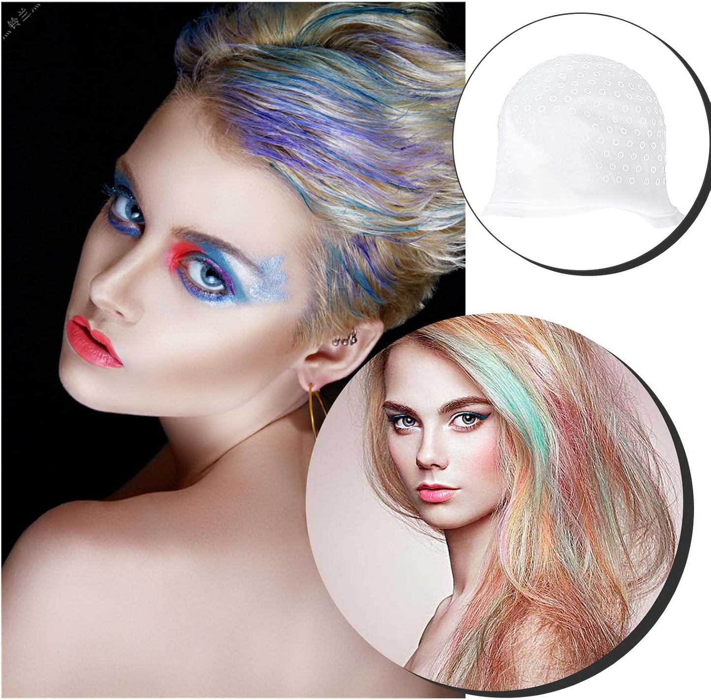 MIVAIUN 7Pcs Silicone Highlight Cap Kit Hair Color Reusable Highlighting Caps with Hook Salon Hair Dye Comb Hair Dye Brushes Shawl Gloves, Frosting Cap Set for Dyeing Hair (7Pcs)
