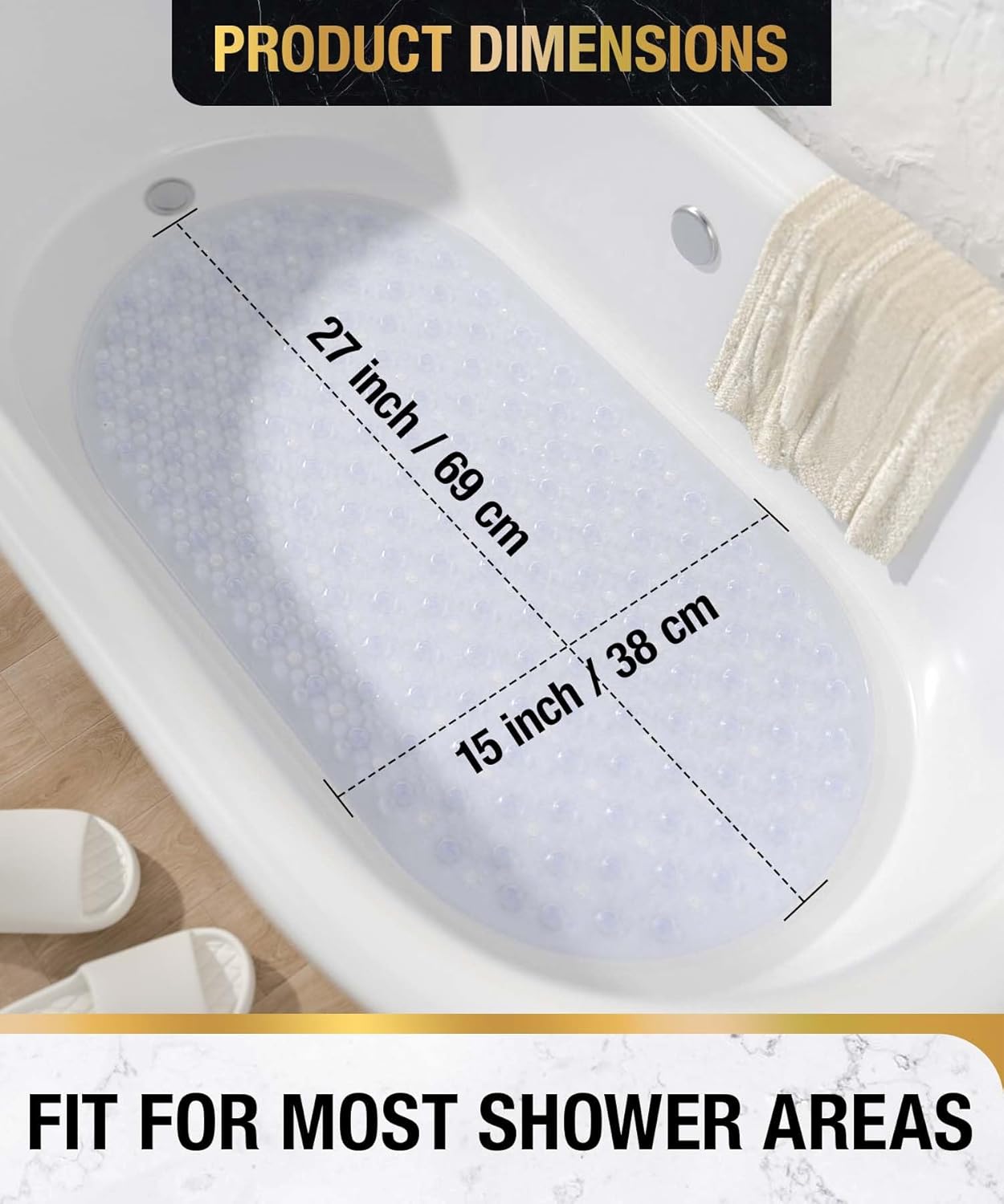 HITSLAM Oval Bath Mat Non Slip Anti Mould, 68 x 38 CM Anti Slip Shower Mat for Bathroom , Machine Washable Bubble Bathtub mat with Suction Cups and Drain Holes, Soft on Feet, Clear