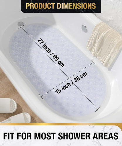 HITSLAM Oval Bath Mat Non Slip Anti Mould, 68 x 38 CM Anti Slip Shower Mat for Bathroom , Machine Washable Bubble Bathtub mat with Suction Cups and Drain Holes, Soft on Feet, Clear