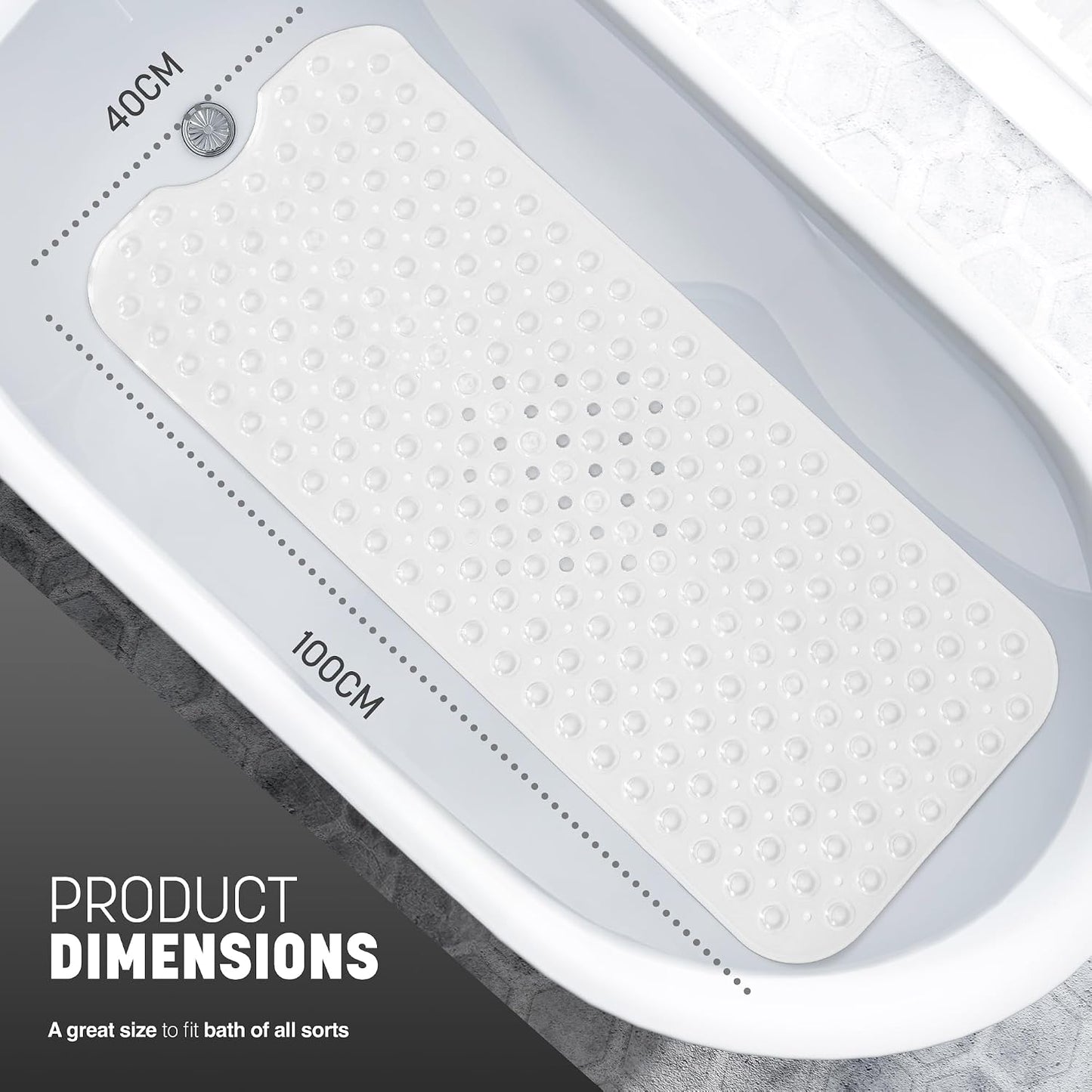 KEPLIN Premium Non-Slip Bath Mat - 200 Suction Cups, BPA, Latex Free, Mildew Resistant, Machine Washable - Safe, Durable &amp; Comfortable for Bathroom Tubs (White, Bath, 100 x 40cm)