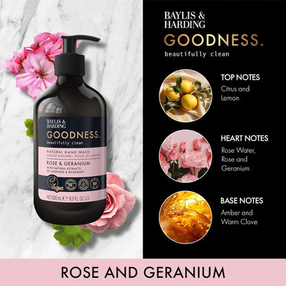 Baylis &amp; Harding Goodness Rose &amp; Geranium Natural Hand Wash, 500 ml (Pack of 3) - Vegan Friendly