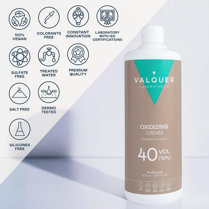 VALQUER Stabilized Hydrogen Peroxide Cream 40 Vol. | 1 L | Professional Cream Developer for Hair Colour &amp; Bleaching | 12% Stabilized Formula | Vegan