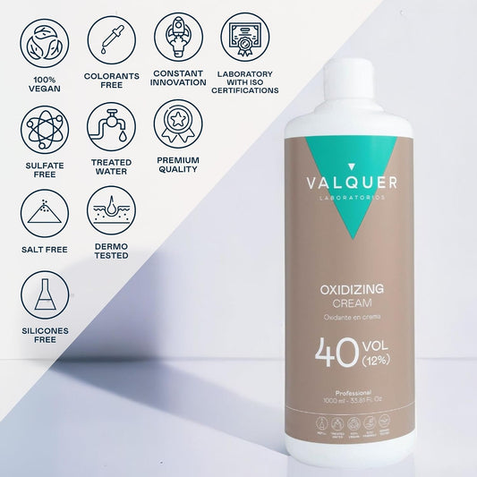 VALQUER Stabilized Hydrogen Peroxide Cream 40 Vol. | 1 L | Professional Cream Developer for Hair Colour &amp; Bleaching | 12% Stabilized Formula | Vegan