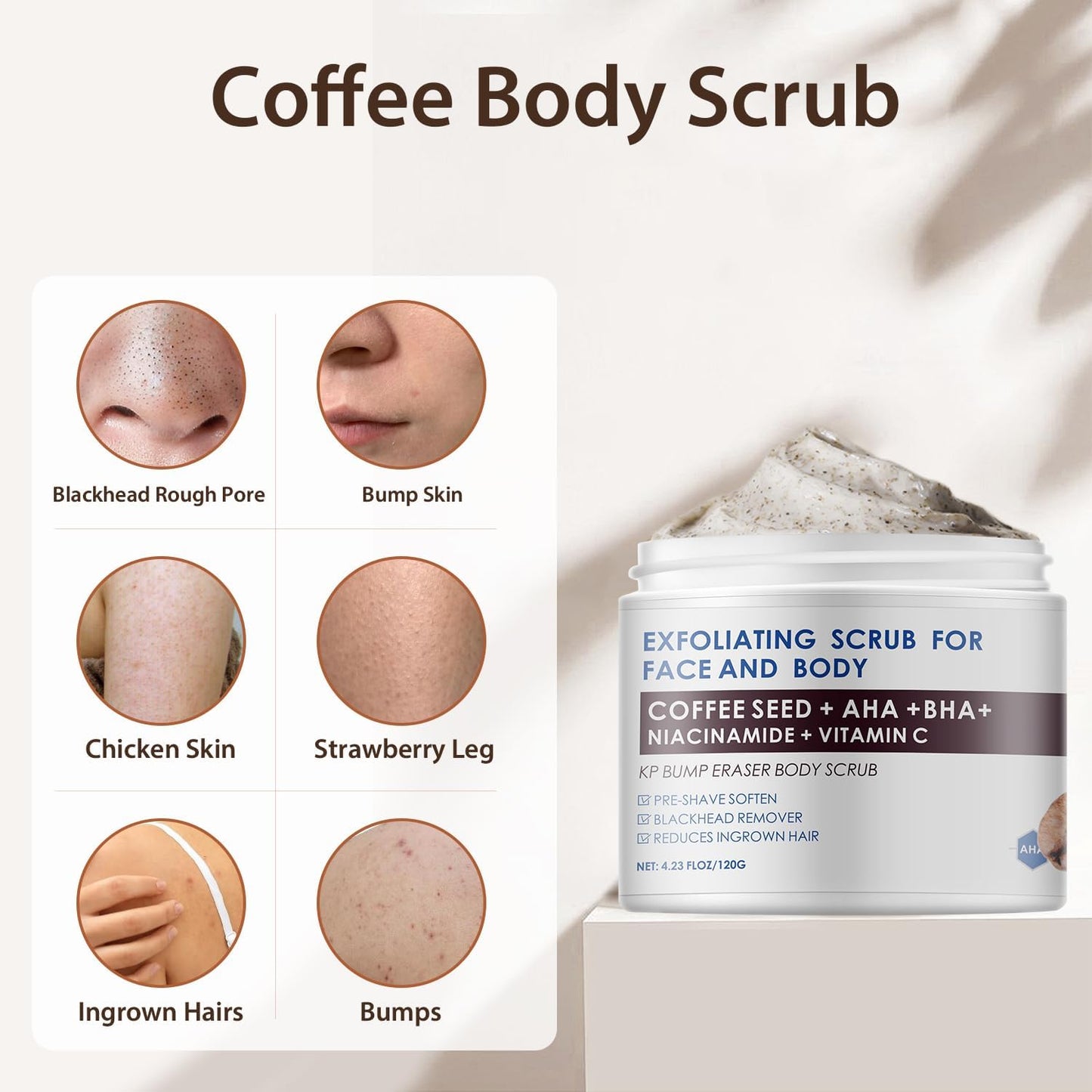 KP Bump Eraser Body Scrub, Coffee Scrub with AHA BHA, Exfoliating Body Scrub for Bikini Area, Body Exfoliator Exfoliant for Chicken Skin Strawberry Leg Scrub
