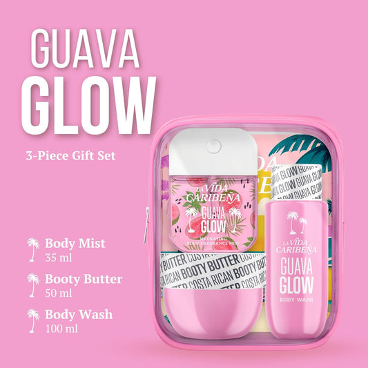 La Vida Caribeña 3-Piece Gift Pack – Hydrating Body Mist 35 ml, Body Wash 100 ml &amp; Booty Butter 50 ml | Gifts for women | Travel-ready | Cleanse • Moisturise • Spritz (Guava Glow)