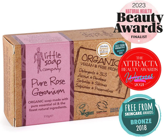 Little Soap Company Organic Range - Pure Rose Geranium Bar Soap, 110g| Natural, Vegan, Cruelty-Free, eco friendly Organic Soap for Body Face &amp; Hands with Pure Essential Oils | No SLS or Parabens