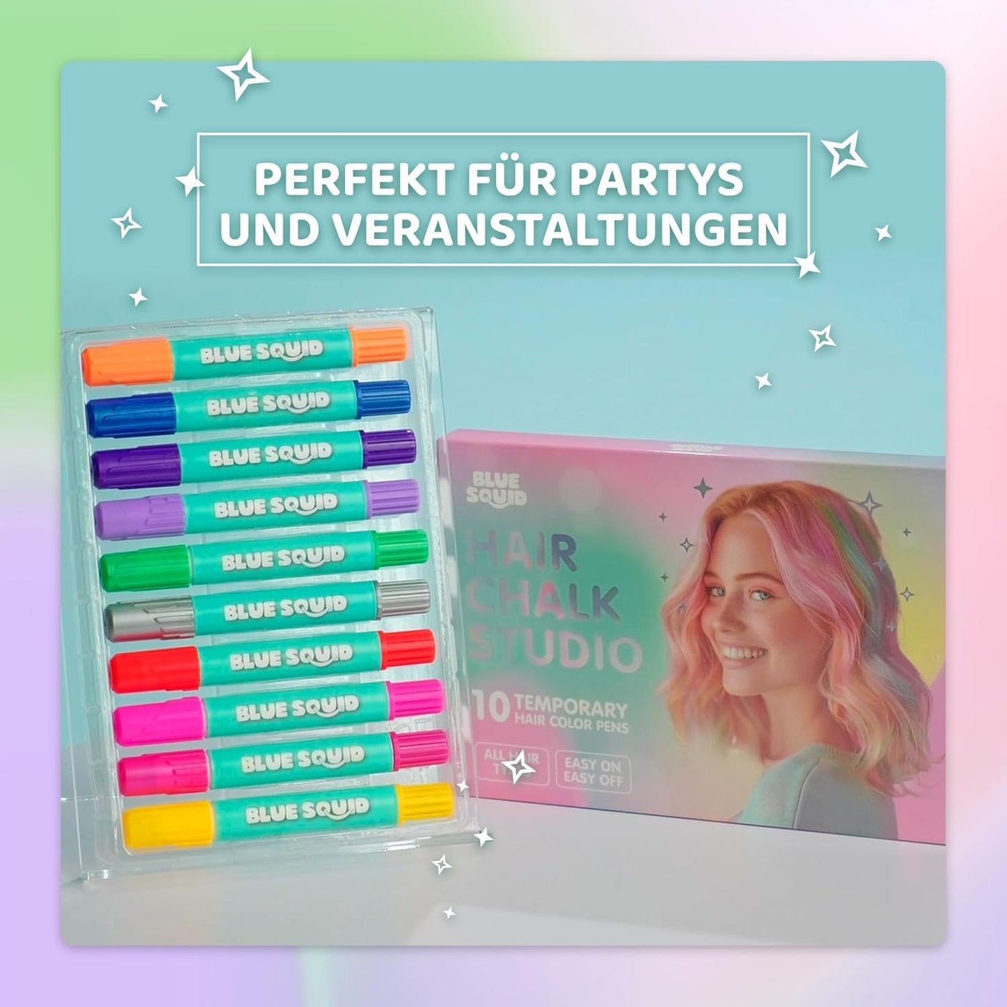 Blue Squid Hair Chalk for Girls Pens – 10 Vibrant Temporary Hair Colour Chalks for Kids - Ideal Christmas, Birthday Gifts for Girls &amp; Teens - Kid Safe, Washable Hair Dye for Ages 6 7 8 9 10 11 12