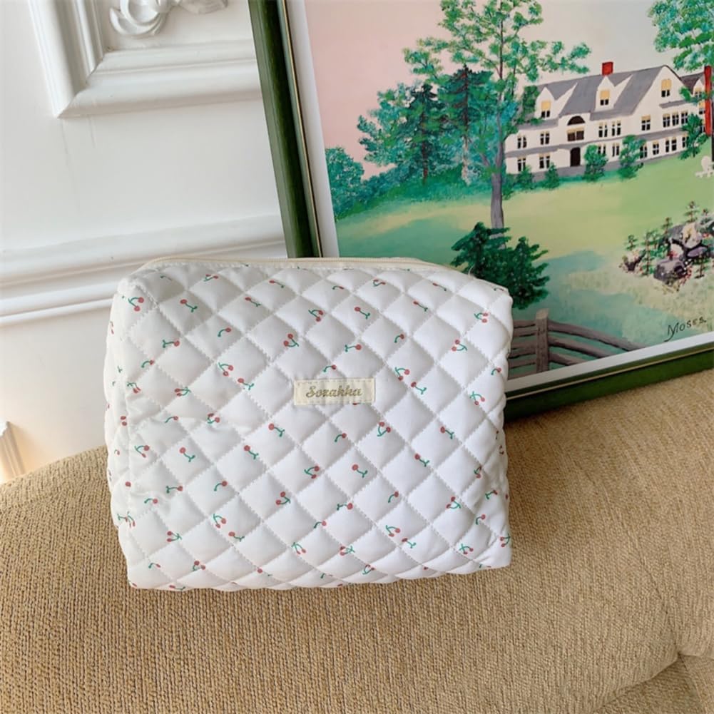 Aucuu Cotton Makeup Bag, Portable Travel Cosmetic Bag, Large Capacity Floral Toiletry Bags, Quilted Wash Bags Organizer for Women Girls