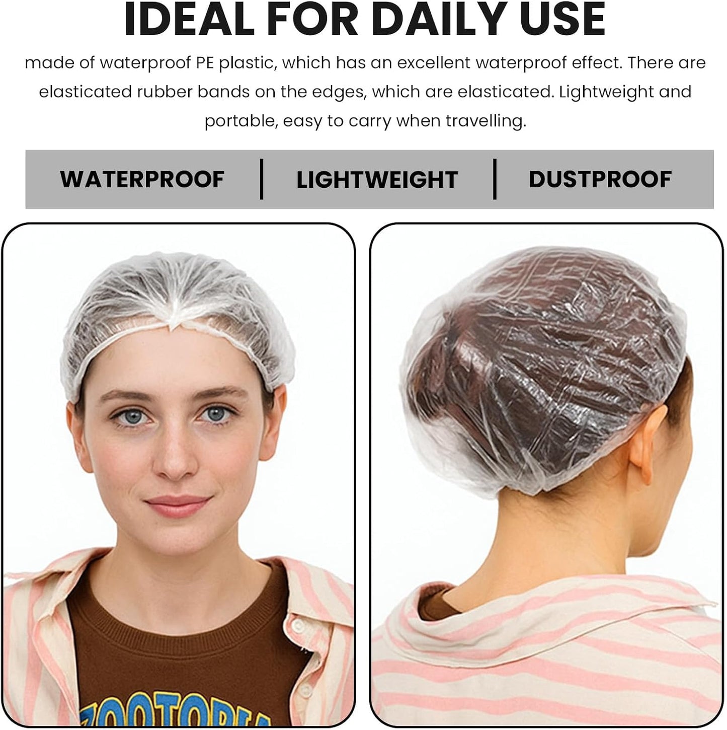 50PCS Disposable Shower Caps,Waterproof Hair Caps,Multi-Purpose Thickened Plastic Elastic Bath Caps for Women, Home Use,Hair Salon, Spa, Travel, Hotel, Shower - White