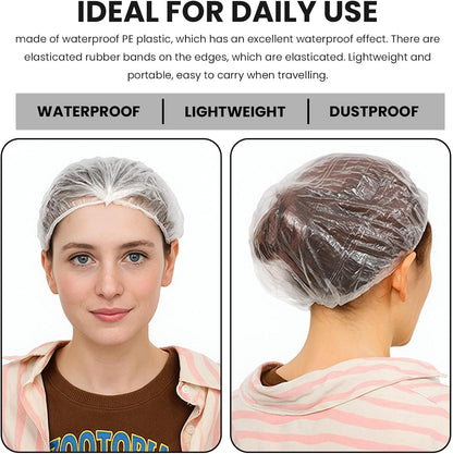 50PCS Disposable Shower Caps,Waterproof Hair Caps,Multi-Purpose Thickened Plastic Elastic Bath Caps for Women, Home Use,Hair Salon, Spa, Travel, Hotel, Shower - White