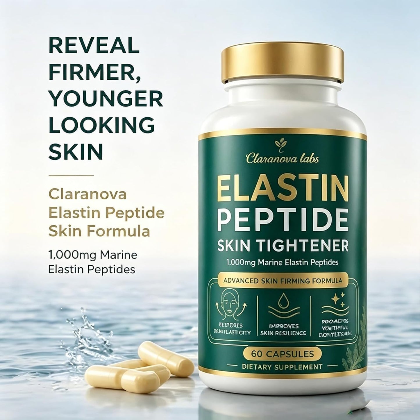 Claranova Elastin Peptides, Elastin Peptide Skin Tightening Formula, 1000 mg, Suitable for Women and Men (1PC)