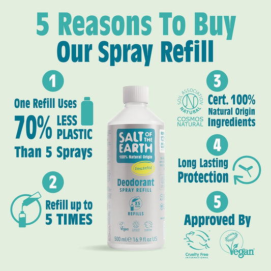 Salt of the Earth - Natural Deodorant Spray Refill - Unscented - 100% Natural Origin Ingredients - Vegan - Suitable for Men, Women &amp; Children - 500ml