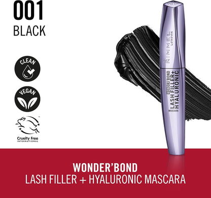 Rimmel Wonder'Bond Lash Filler + Hyaluronic Mascara, 001 Black, Bold Volume, Ultra Curved Brush Design, Long Lasting, Clump-Free, Smudge Proof, Comfortable All Day Wear, Cruelty Free, 11ml
