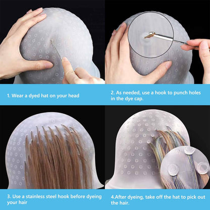 Punched Hole Silicone Highlight Hair Cap with Needle, Hair Highlighting Cap and Hook Kit, Reusable Coloring Hat with Hook for Professional Salon Silicone Hairdressing Tools
