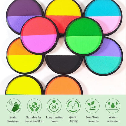 Two-Colour Water-Soluble Face and Paint Palette with Brush - Deep Purple &amp; Neon Purple High Saturation Pigments for Halloween, Cosplay, Theatre, Stage Performance SFX Makeup