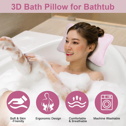 3D Bath Pillow for Bathtub - Breathable Mesh Tub Pillow for Head and Neck, Rectangular BathPillow with 2 Strong Suction Cups, Ergonomic Luxury Bath Pillow for Optimal Neck Relaxation(Pink)