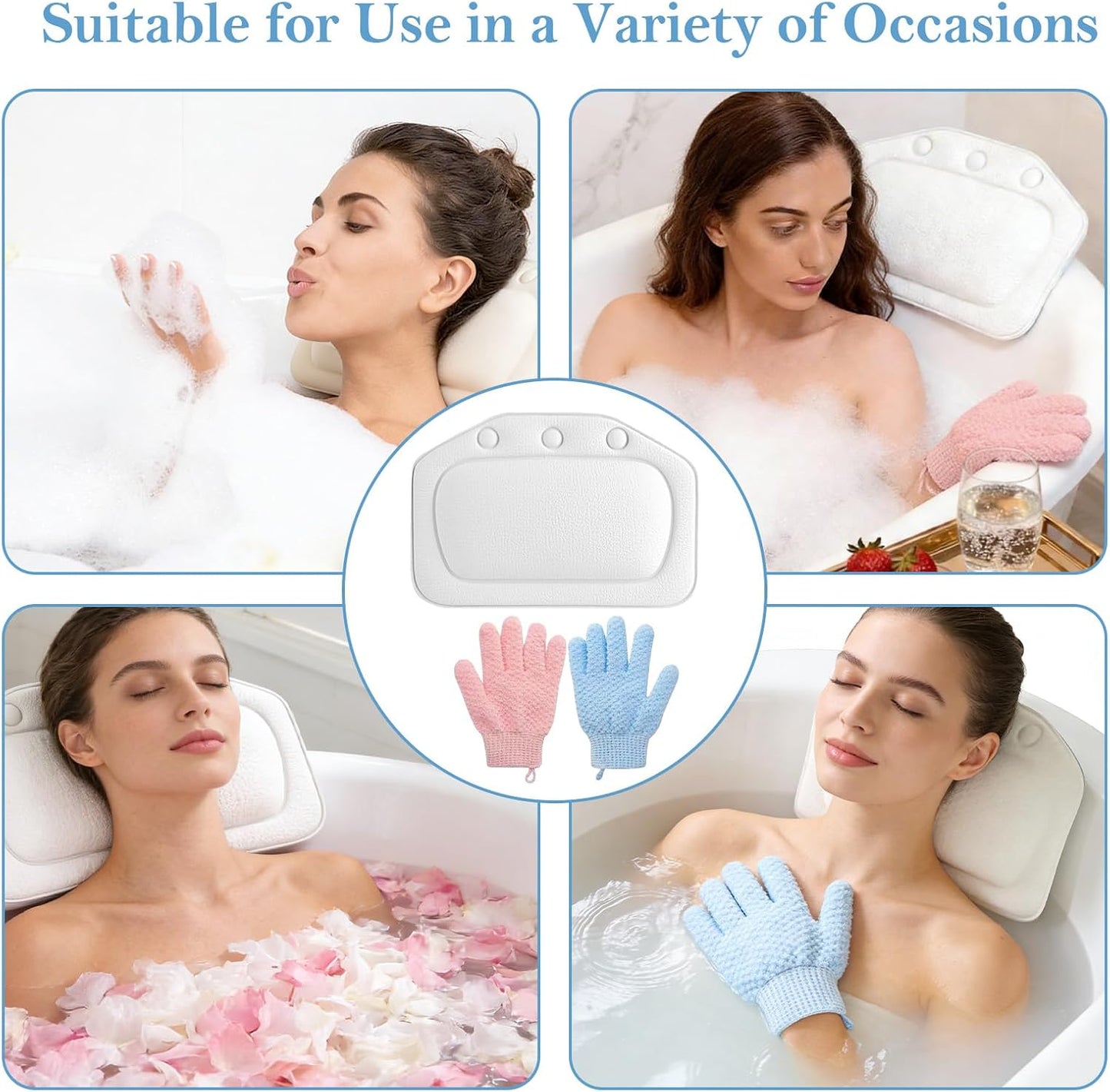 Bath Pillow for Bathtub, 2 Pcs Waterproof Strong Suction Cups Bath Pillows with 1pairs Bath Gloves for Neck and Head