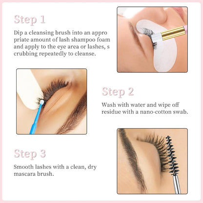 Lash Shampoo, 60ml + Foam + Wand + Brush, Lash Remover, Eyelash Remover for Extensions, Eyelash Shampoo Foam Bath, Deep Makeup Remover, for Home or Salon Use