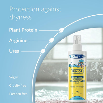 TRISWIM Junior After Swim Detangling Conditioner Spray for Kids | Protects &amp; Repairs Hair Damaged by Chlorine, Pool Chemicals &amp; Saltwater | Post Swimming Hair Detangler | Sweet Persimmon Fruit, 200 ml