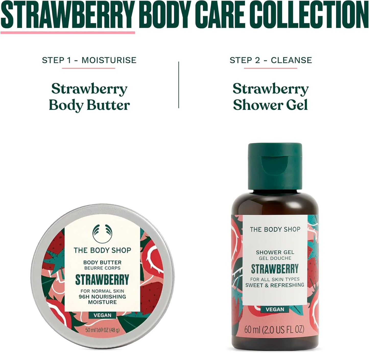 The Body Shop Strawberry Treats Gift Set, Shower Gel 60ml, Body Butter 50ml, Cleansing &amp; Moisturising Body Care Duo, Softening, 96hr Hydration, Vegan Friendly Skincare Gift