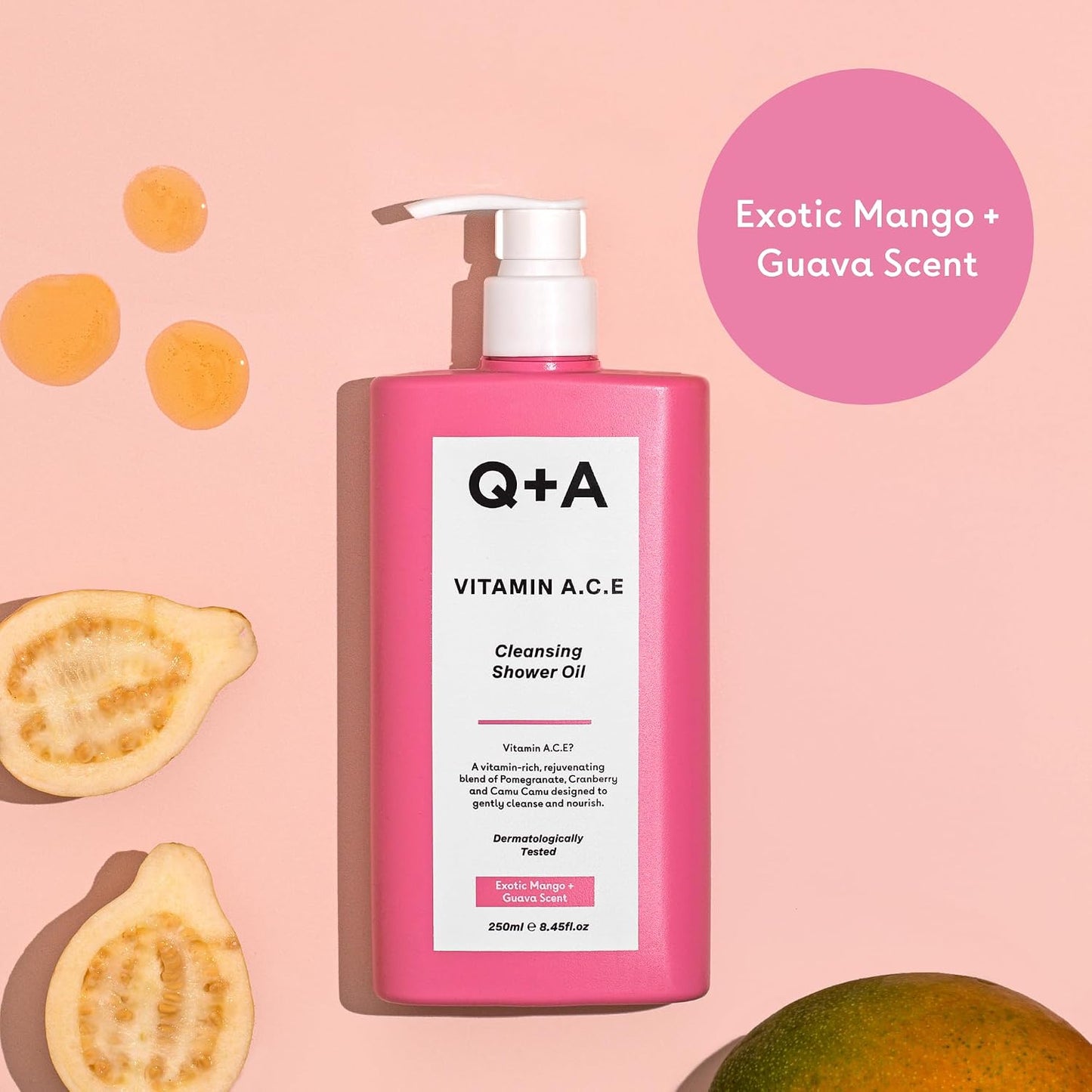 Q+A Vitamin A.C.E Cleansing Shower Oil (250ml), Cleansing Oil Shower Gel Alternative, Body Care, Hydrating Body Wash with Berry &amp; Sea Buckthorn Oils, Tropical Mango &amp; Guava Scent, Moisturises, Soothes