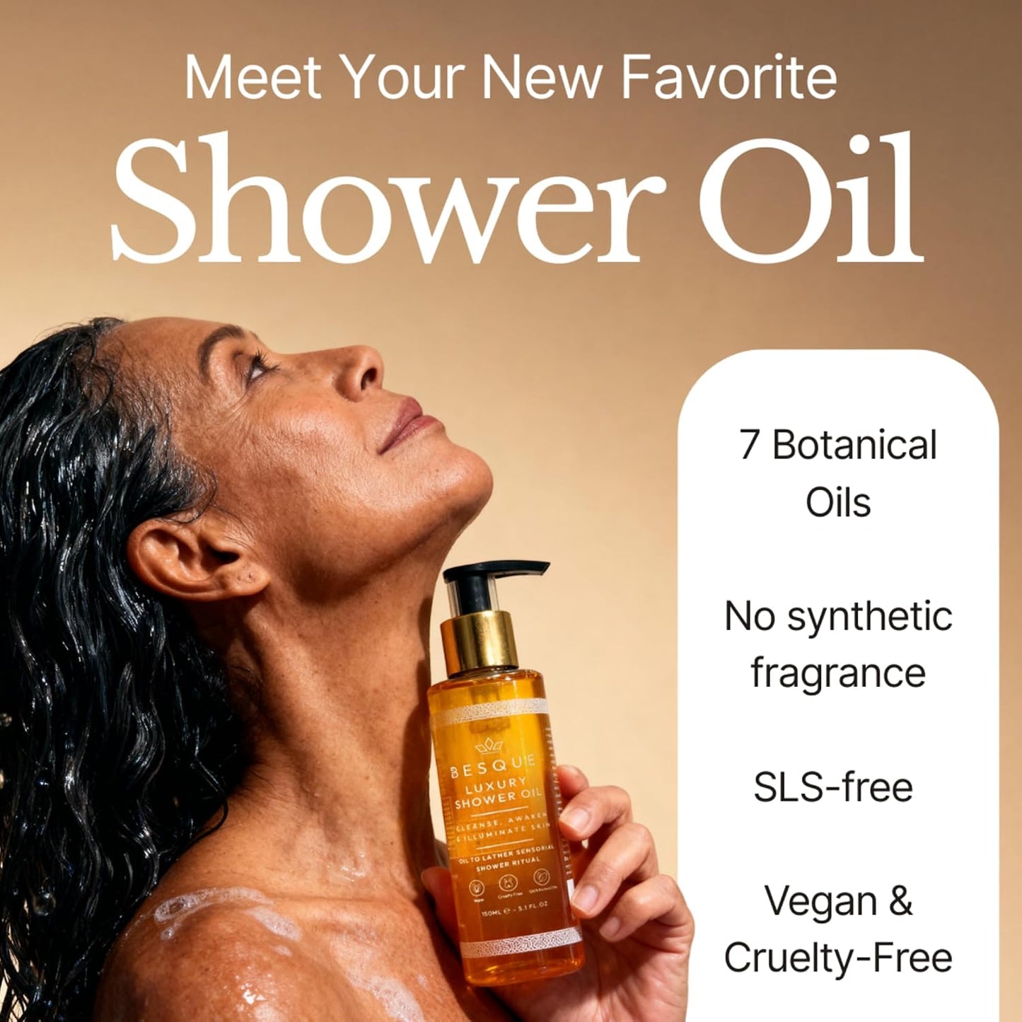 Besque Luxury Shower Oil, Hydrating Body Wash for Women with Sweet Almond, Rosehip &amp; Evening Primrose &amp; Vitamin E, Gentle Cleanser for Sensitive, Dry &amp; Aging Skin, 150 ml - Pack of 1