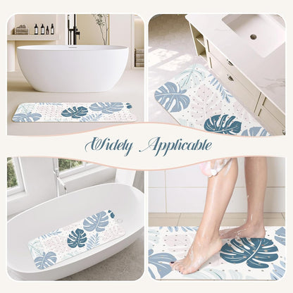 SHUCHING Boho Leaves Bath Mat Non Slip Anti Mould, 100 X 40 cm Extra Long Bathtub Mat Anti Slip, Green Shower Mat Non Slip Anti Mould for Bathroom Machine Washable