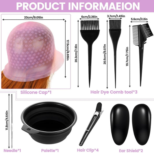 12 PcsHair Highlighting Cap and Hook Kit, Punched Hole Silicone Punch-free Hair Dye Caps, Hair Highlight Cap and Hook Kit, Professional Highlighter Caps, Inclu Hairs Clips/Palette/Ear masks, etc