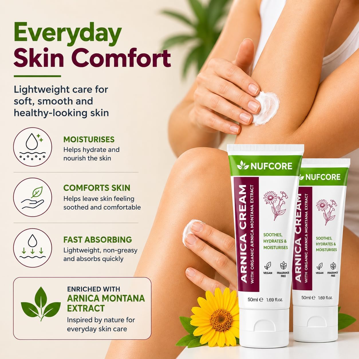 Arnica Cream – 2 x 50ml Twin Pack | Organic Arnica Montana Extract, Almond Oil &amp; Cocoa Butter | Fast Absorbing, Soothing &amp; Moisturising