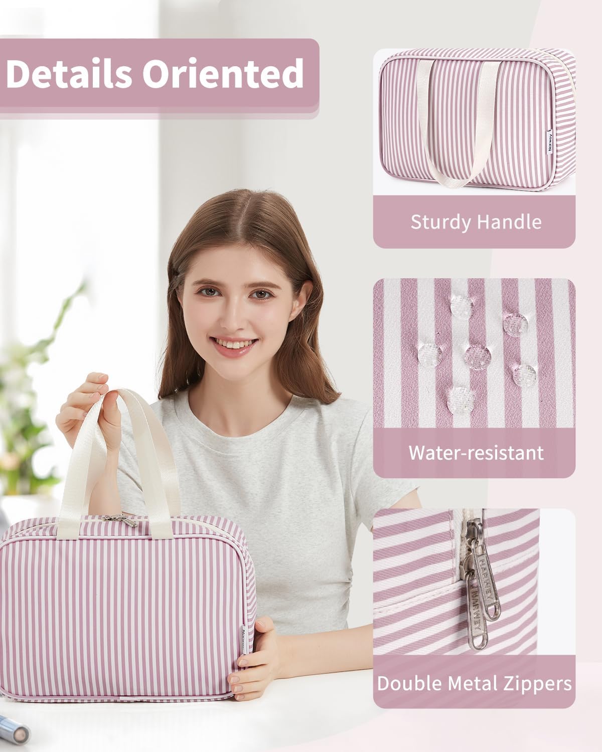 Narwey Toiletry Bag, Large Toiletry Bags for Women, Full Size Wash Bag Women, Large Makeup Bag Portable Toiletries Bag for Travel, Make up Cosmetic Organizer for Essentials (Dusty Rose Stripe)