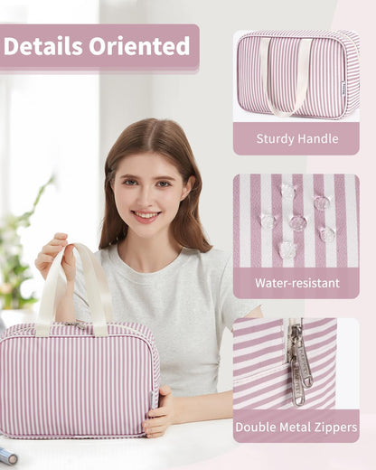 Narwey Toiletry Bag, Large Toiletry Bags for Women, Full Size Wash Bag Women, Large Makeup Bag Portable Toiletries Bag for Travel, Make up Cosmetic Organizer for Essentials (Dusty Rose Stripe)